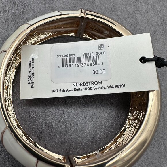 Open Edit Enamel Split Stretch Two Tone White Cream Gold Tone Bangle Bracelet - Picture 8 of 10
